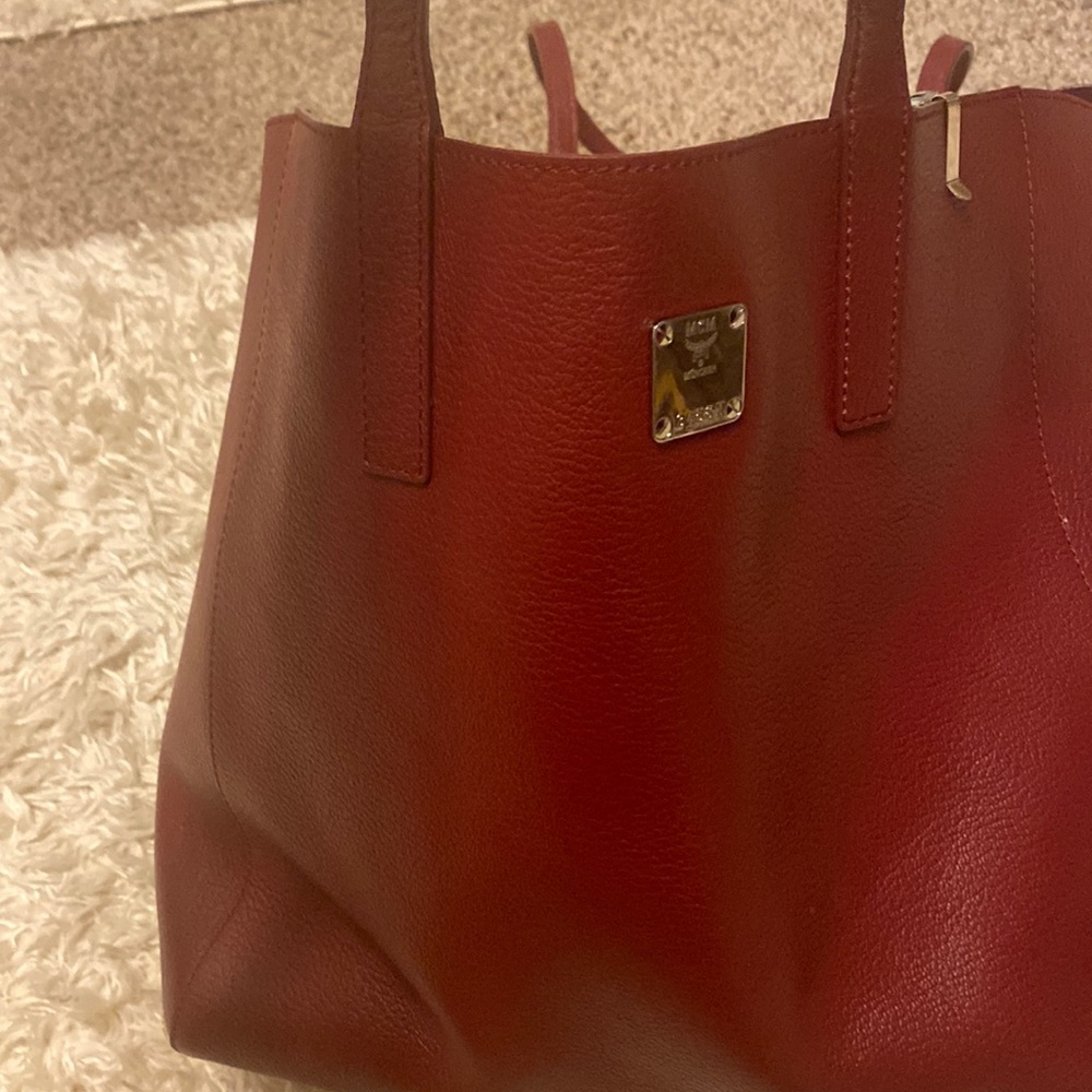 Red/Crimson MCM Tote with silver inner lining